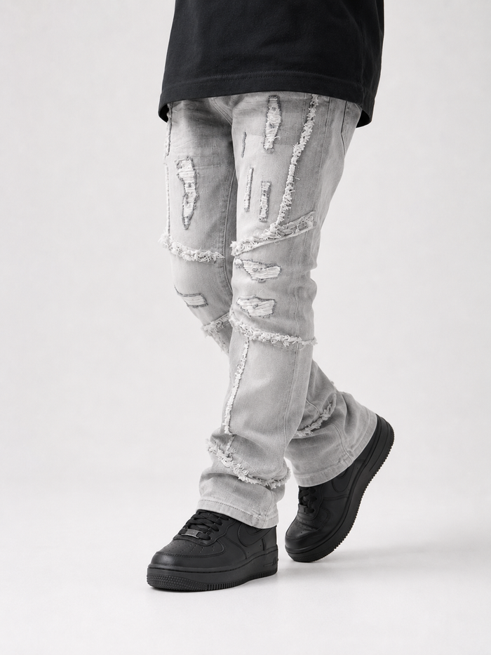 Makobi Kids Giannos stacked denim jeans for kids in gray with a stylish, layered design and classic denim texture.