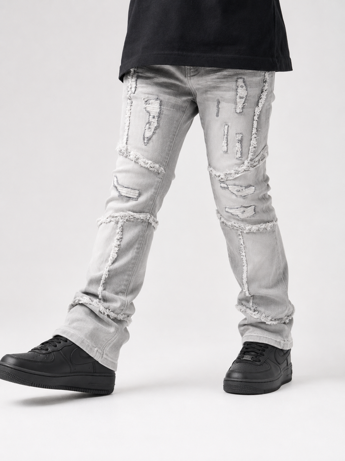 Makobi Kids Giannos stacked denim jeans for kids in gray with a stylish, layered design and comfortable fit.