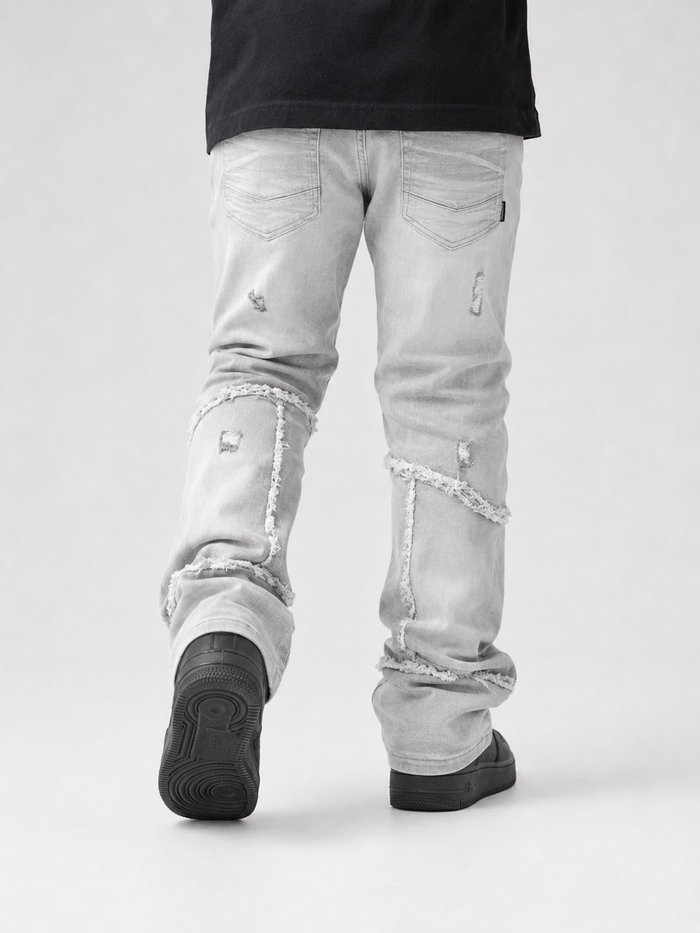 Makobi Kids Giannos stacked denim jeans for kids in gray, featuring a stylish, casual design with layered denim details.