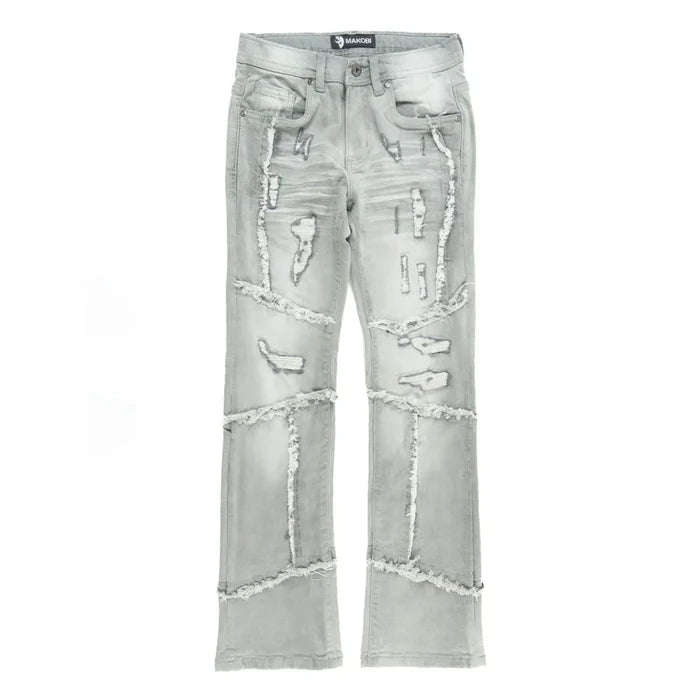 Makobi Kids Giannos stacked denim jeans for kids in gray, featuring a stylish, comfortable design with a classic denim look.