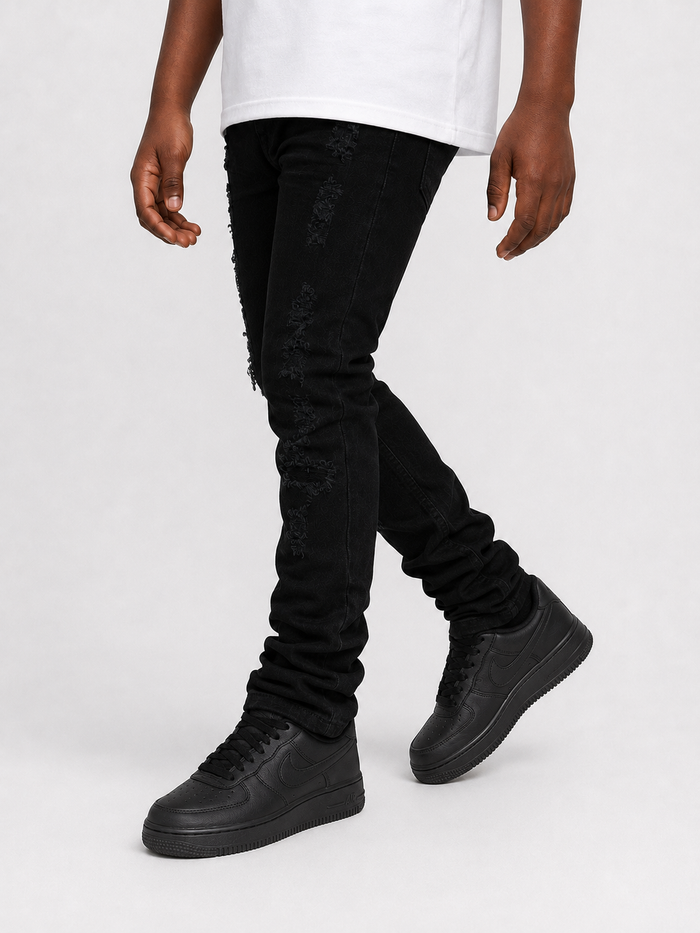 Makobi Kids Jacob stacked denim jeans for kids in black, featuring a stylish, layered denim design and adjustable waistband.