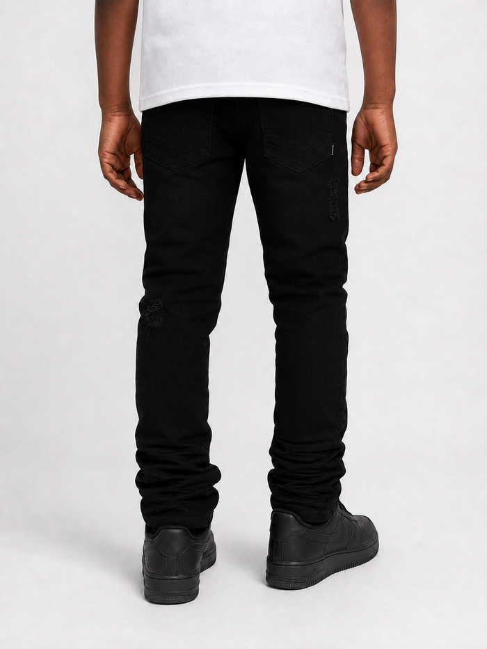 Makobi Kids Jacob stacked black denim jeans for kids, showing the dark wash, layered style, and comfortable fit.
