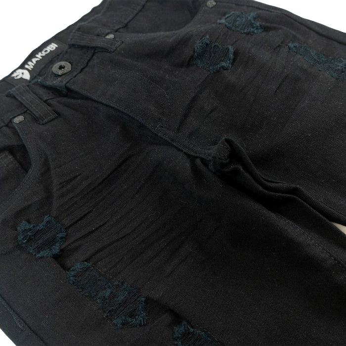 Makobi Kids Jacob stacked black denim jeans for kids, showing the stylish, layered denim design and adjustable waistband.