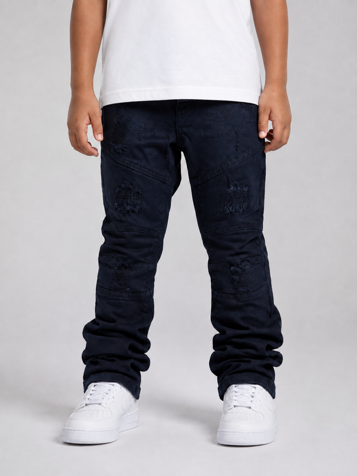 Makobi Kids navy denim kids' jeans with monogram embroidery, durable and stylish for children.
