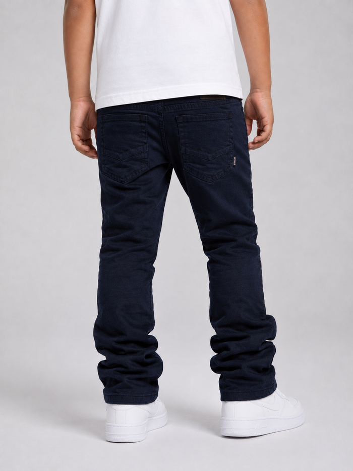 Makobi Kids navy denim kid's jeans with monogram embroidery, casual and comfortable for children.