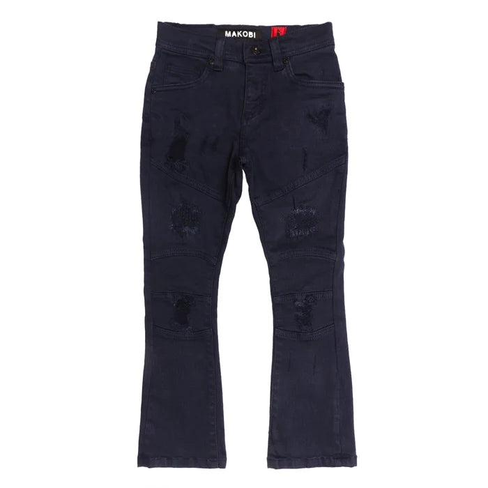Makobi Kids navy monogram denim for kids, featuring stylish denim fabric with monogram details and a classic design.
