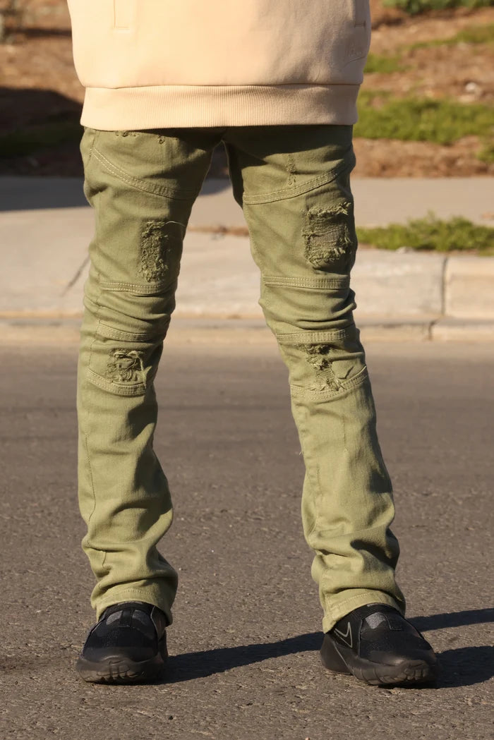 Makobi Kids monogram olive denim jeans for kids, featuring classic denim design and adjustable waistband for a comfortable fit.