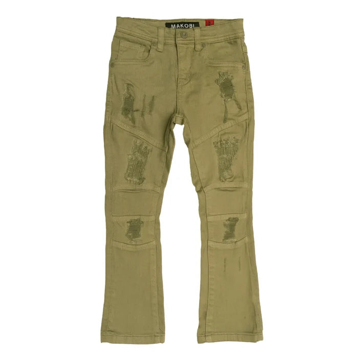 Makobi Kids Monogram Olive Denim for kids, featuring stylish dark green denim fabric with monogram detail.