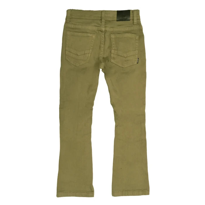 Makobi Kids monogram olive denim jeans for kids, featuring a stylish design and comfortable fit.
