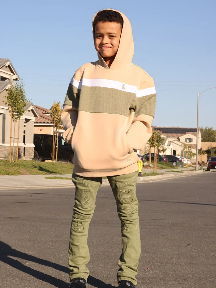 Makobi Kids olive monogram denim for kids, featuring stylish denim fabric and monogram details in a comfortable design.