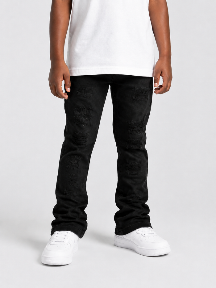 Makobi Kids Montego Jeans Stack Denim in black, kids' denim pants with a comfortable fit and stylish design.