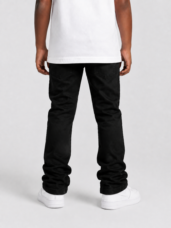 Makobi Kids Montego Jeans Stack Denim in black, kids' denim pants with a stylish, stacked design and classic denim texture.