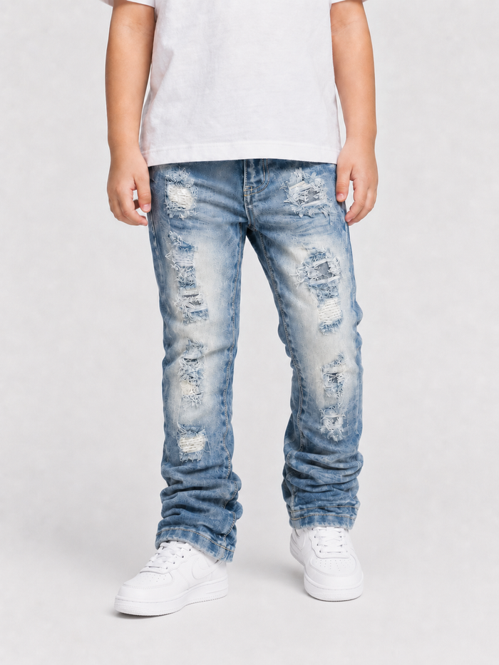 Makobi Kids Montego Jeans for kids, stack denim style with classic blue color and adjustable waistband, casual kids denim clothing