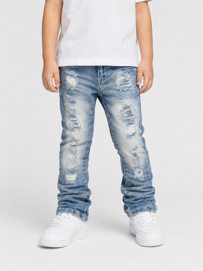 Makobi Kids Montego Jeans stack denim for kids, featuring classic blue denim with a comfortable fit and stylish design.