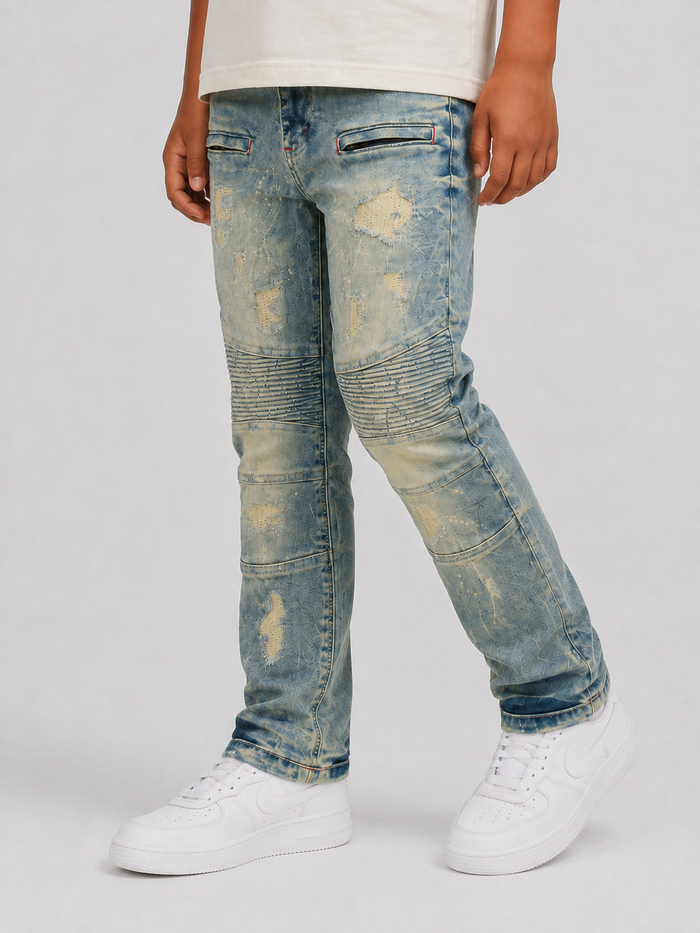 Makobi Kids Rick Biker denim jeans for kids in dirt wash with stylish distressed details and classic denim design.