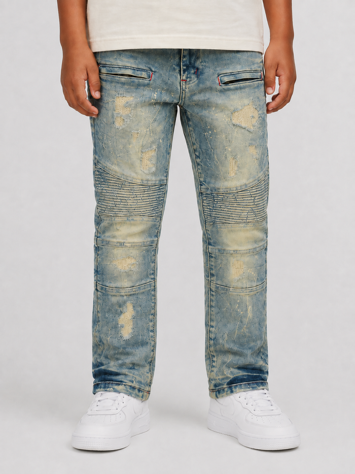 Makobi Kids Rick Biker denim jeans for kids in dirt wash with distressed details and biker-style design.