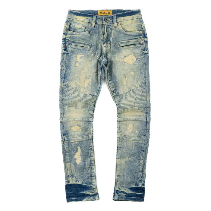 Makobi Kids Rick Biker denim jeans for kids in dirt wash with distressed detailing and classic biker style.