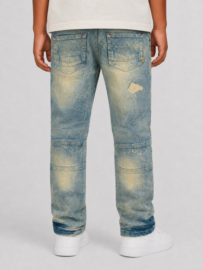 Makobi Kids Rick Biker denim for kids, dirt wash style, featuring classic biker details and durable denim fabric.