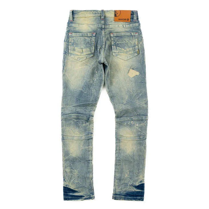 Makobi Kids Rick Biker denim jeans for kids in dirt wash, featuring a stylish biker design and durable denim fabric.
