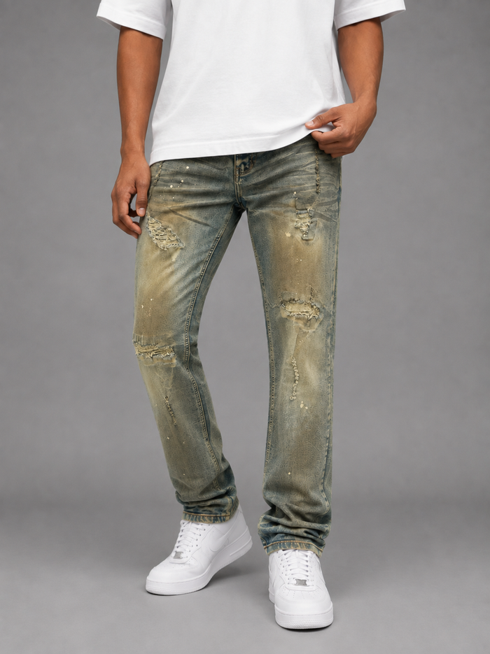 Makobi Lorenzino denim jeans in antique wash with classic fit and detailed stitching, showcasing casual style and high-quality fabric.