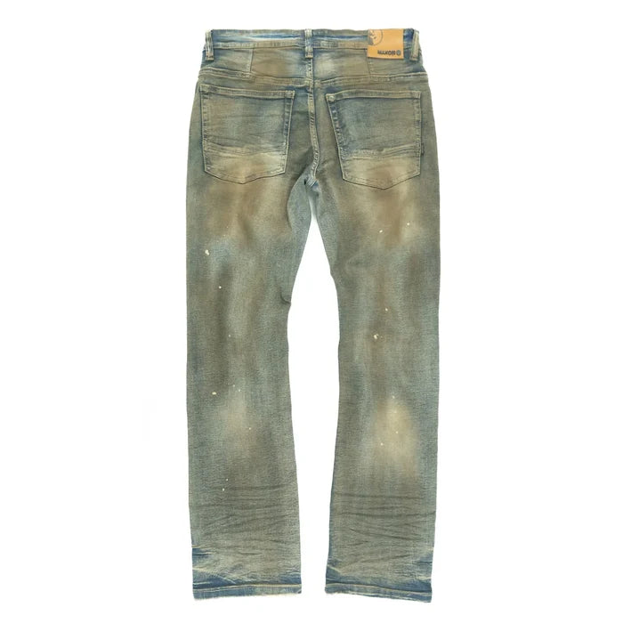 Makobi Lorenzino denim in antique wash showing close-up of classic denim fabric with subtle fading and stitching details.