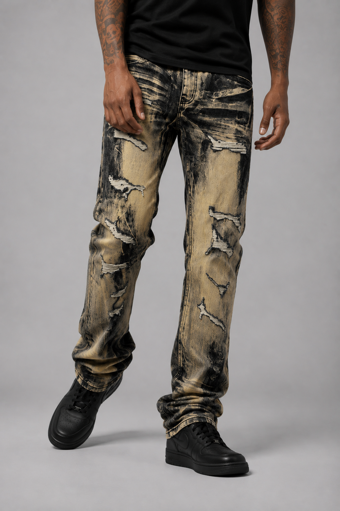 Men's Makobi Sergio straight cut fit denim jeans in brown wash, showing front view with zipper and classic stitching details.