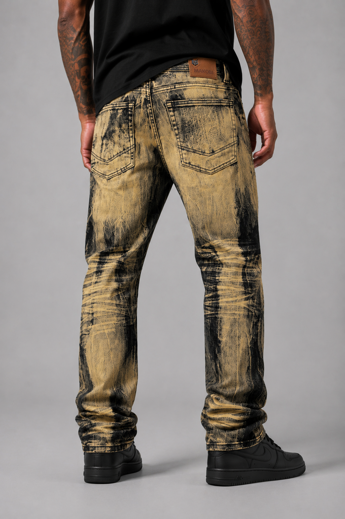 Makobi Sergio straight cut fit denim jeans in brown wash, showcasing classic denim style and stitching details.