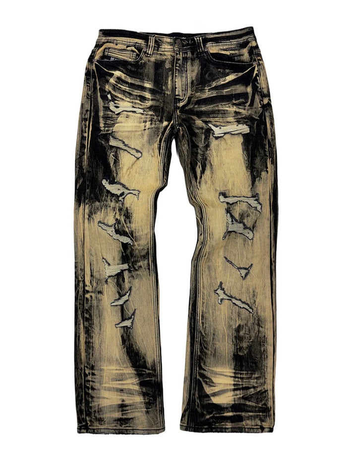Makobi Sergio straight cut fit denim in brown wash, showing front view with classic five-pocket design and subtle fading.