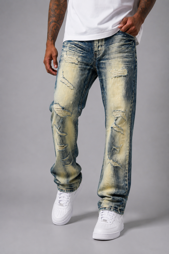 Men's Makobi Sergio straight cut fit denim jeans in dirt wash, showcasing the denim fabric and fit style.