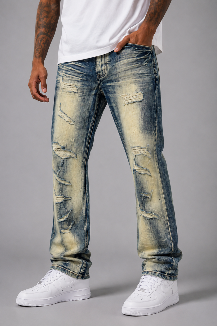 Makobi Sergio straight fit denim jeans in dirt wash, featuring classic denim texture and stitching details.