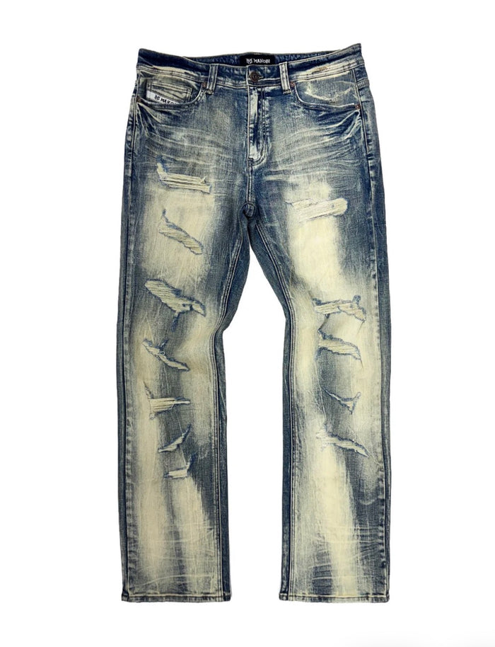 Makobi Sergio straight cut fit denim in dirt wash, showing the classic blue denim fabric with subtle fading and stitching details.