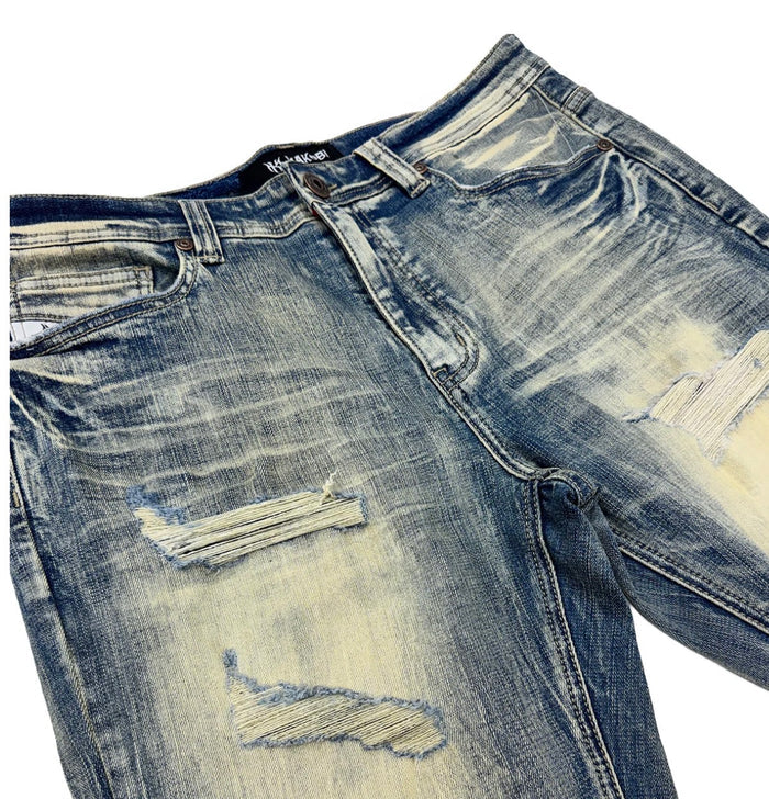 Makobi Sergio straight cut fit denim jeans in dirt wash with classic five-pocket design and subtle fading.