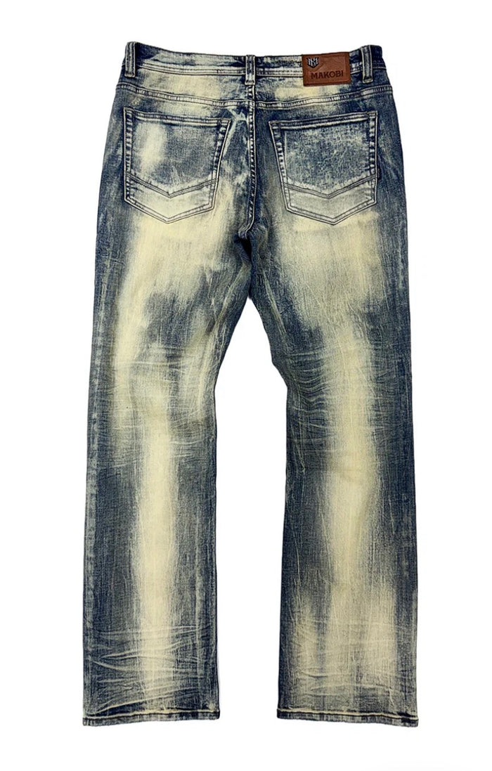 Makobi Sergio straight cut fit denim in dirt wash, showcasing the stylish, fitted design with classic denim texture and stitching.
