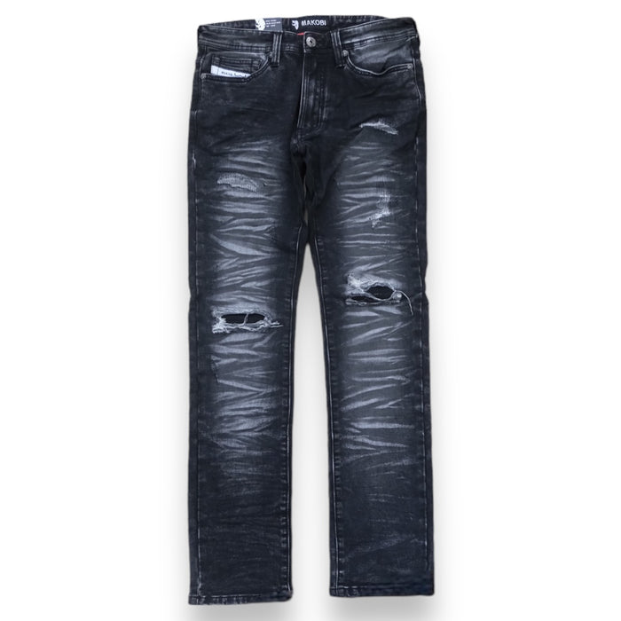 Black wash denim jeans by MAKOBI, Toronto style, featuring classic fit and detailed stitching.