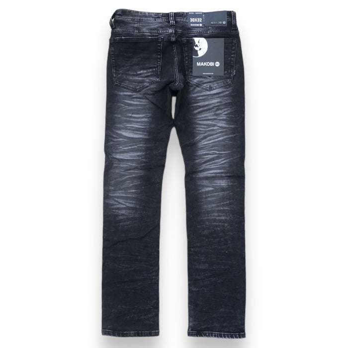 Makobi Toronto black wash denim jeans with classic fit and stitching details, shown on a model.