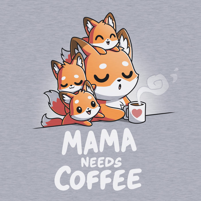 Classic Cotton T-shirt_TeeTurtle- Mama Needs Coffee Heather Gray t-shirt featuring illustration of a tired fox holding a coffee mug on gray background, with three small foxes climbing on her.