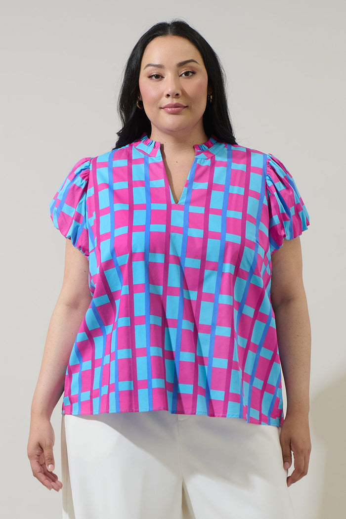 Marvy Checker Kenie Puff Sleeve Top Curve