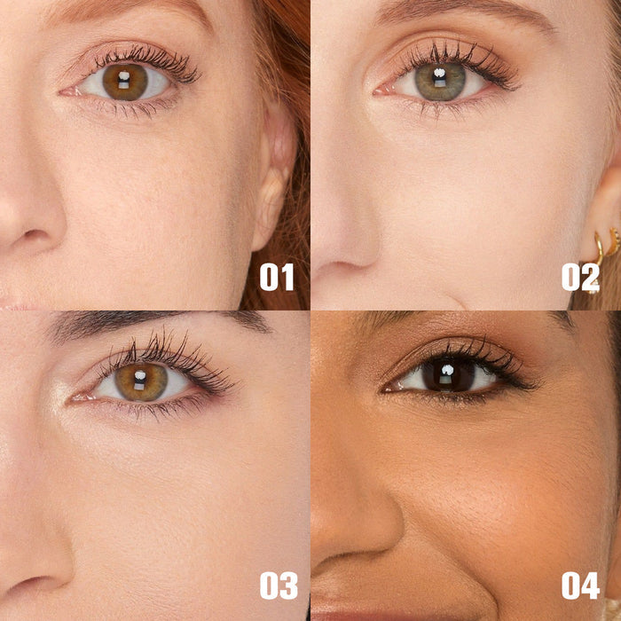 Close-up of a woman's eyes with different skin tones and makeup looks.