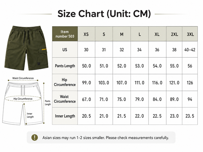 Size chart for shorts with measurements in centimeters and a visual of the shorts.