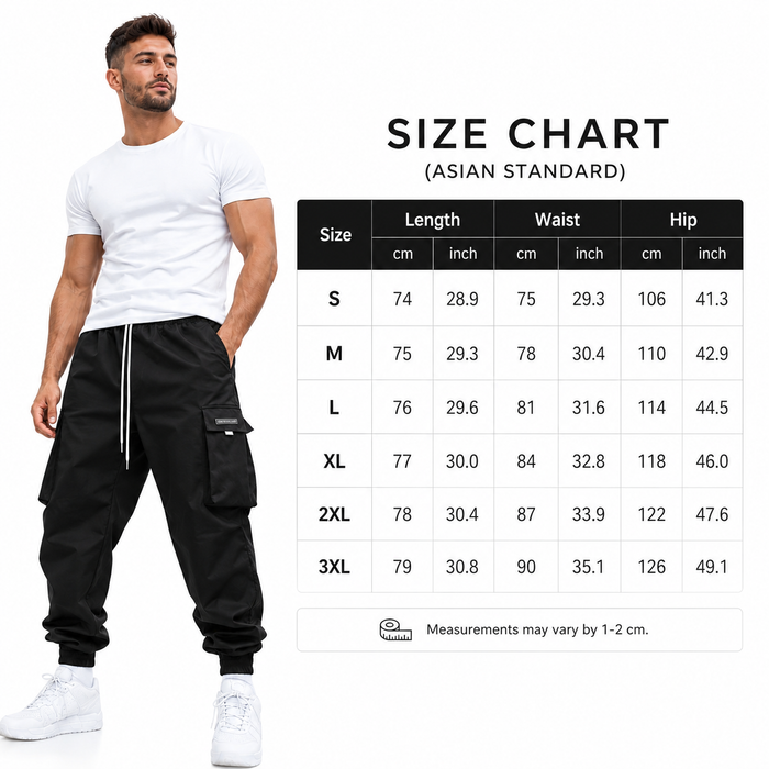 Black men’s cargo pants with relaxed silhouette and drawstring waist for casual streetwear city style