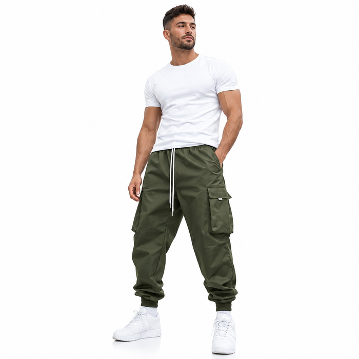 Army green multi pocket cargo pants for men with loose fit design for travel and city wear outfits