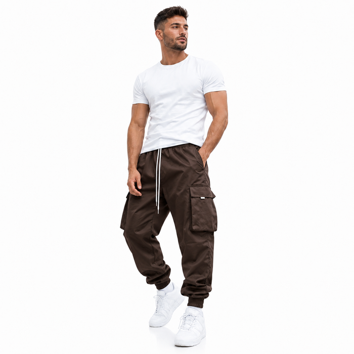 Dark brown men’s cargo pants with relaxed silhouette and functional pockets for urban casual outfits