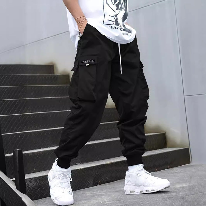 drawstring cargo trousers men mid waist casual wear