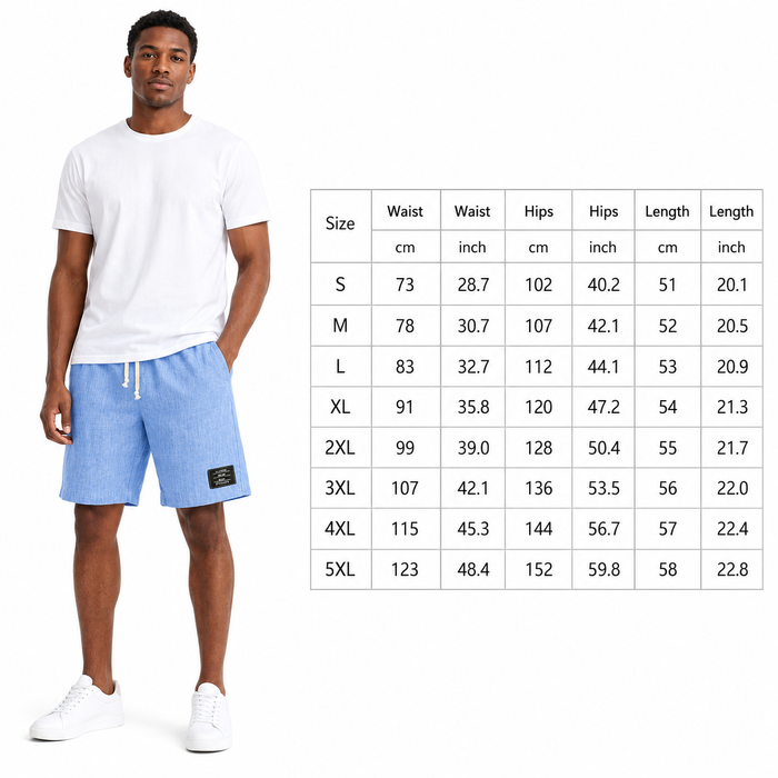 Front view of men's linen shorts with a relaxed loose cut, solid color finish, and embroidered black label detail for summer.