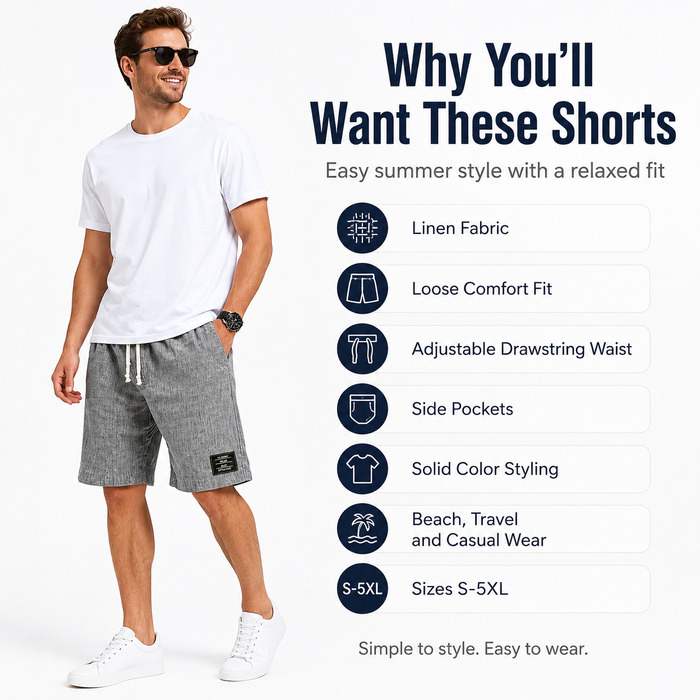 A man modeling gray heathered drawstring shorts with a white t-shirt and white sneakers, standing next to a feature list on a white background. The text highlights features like linen fabric, loose comfort fit, adjustable drawstring waist, side pockets, solid color styling, and suitability for beach, travel, and casual wear.