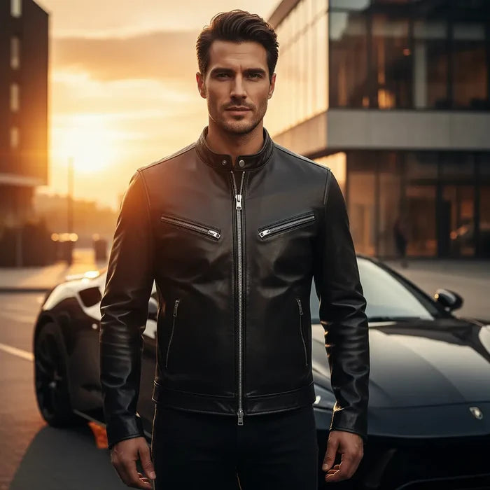men biker jacket stand collar close up texture view