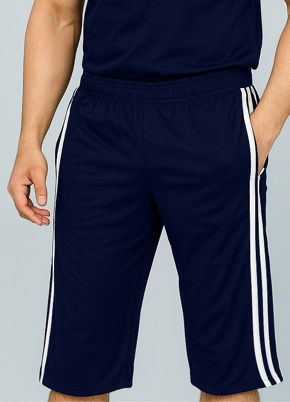 Men's Side Stripe Long Cotton Summer Three Quarters Shorts (Navy) - Hinz Clothing