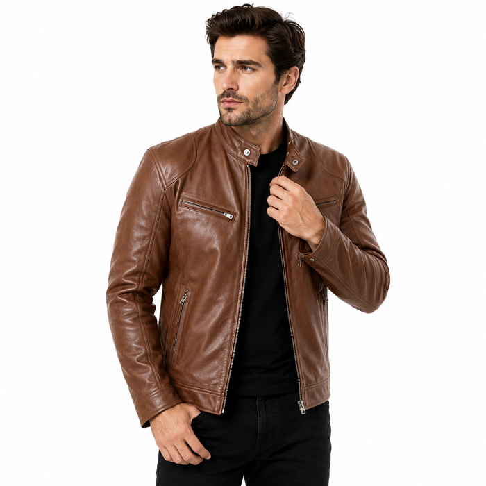 men's stand collar wool coat style PU jacket on male model front view