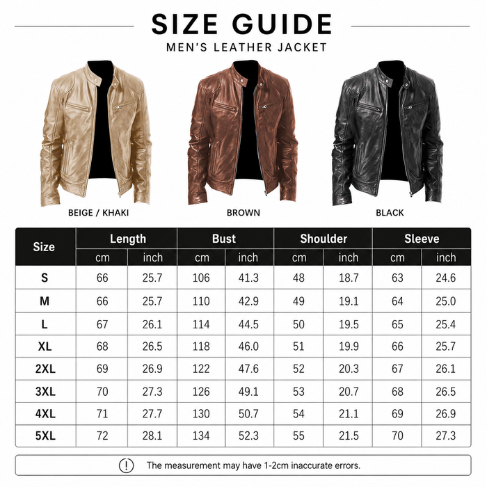 Size guide for men's leather jackets with three color options and corresponding measurements.