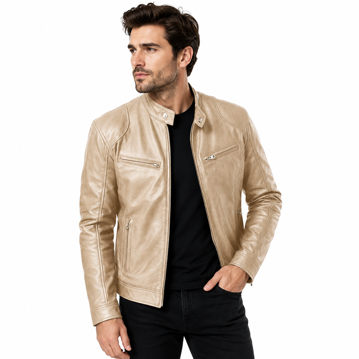 Men's PU leather jacket with clean collar and modern silhouette